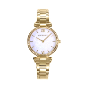 Reloj Viceroy Mujer caja de acero Ip dorado con bisel de circonitas blancas 5 000atm con esfera madreperla y brazalete Ip dorado