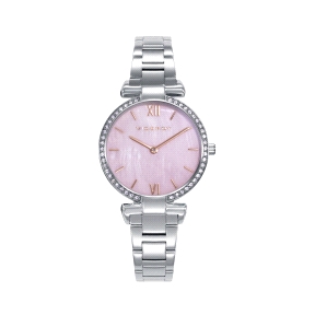 Pack reloj con pulsera caja de acero con bisel circonitas 5 atm con esfera madreperla rosa y brazalete de acero con movimiento c