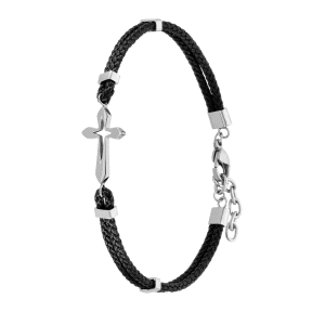 Pulsera de algodón negro con cruz de acero y componentes de acero.                                  