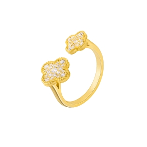 Anillo abierto flor circonitas. Plata de 1ª Ley baño en oro de 18k.                                 