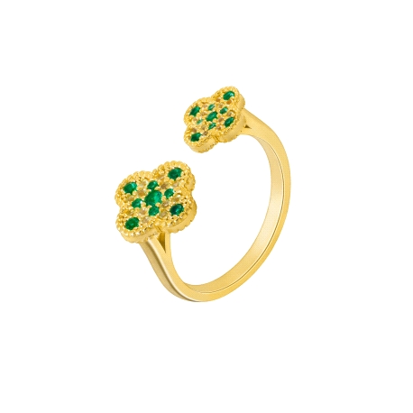 Anillo abierto flor circonitas. Plata de 1ª Ley baño en oro de 18k.                                 